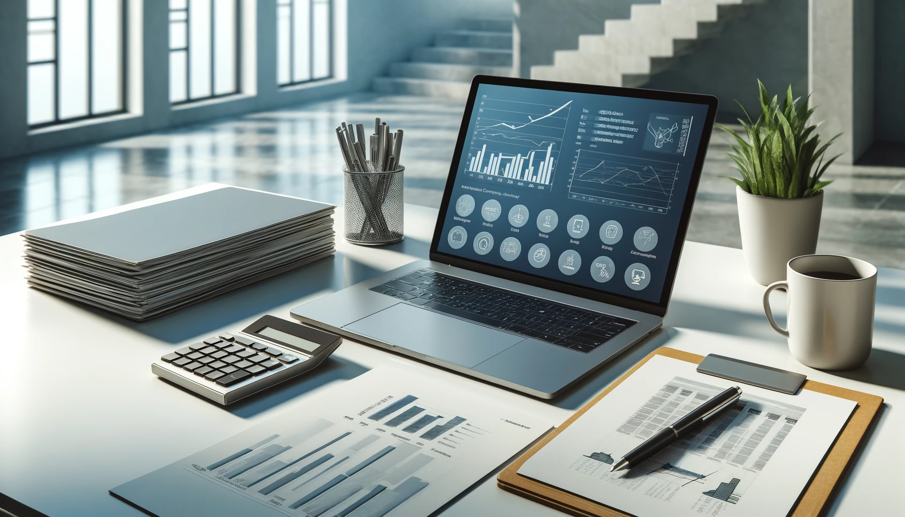 a modern, clean desk space with an open laptop showing a generic financial application interface, a calculator and several neatly stacked financial documents. 
